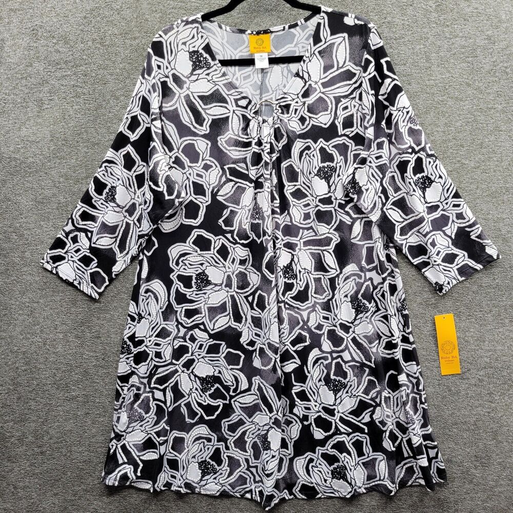 Ruby Rd. Dress Women's 1X Black & White Ombre Bold Bloom Print NWT